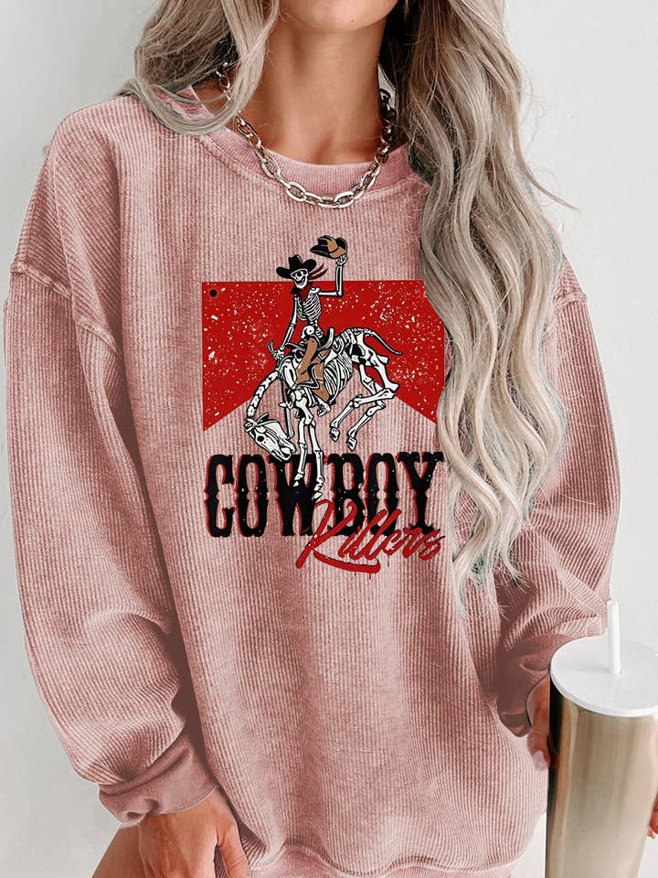 Lovesoft - Wholesale Graphic Sweatshirt - Women's - Cowboy Graphic Ribbed Knit Oversized Sweatshirt2