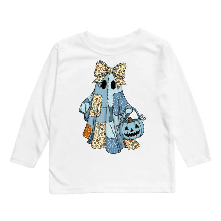 Maglietta di Halloween con zucca e fantasmi per ragazze in patchwork di denim blu per la vendita all'ingrosso da parte di AvaryMaeInspirations