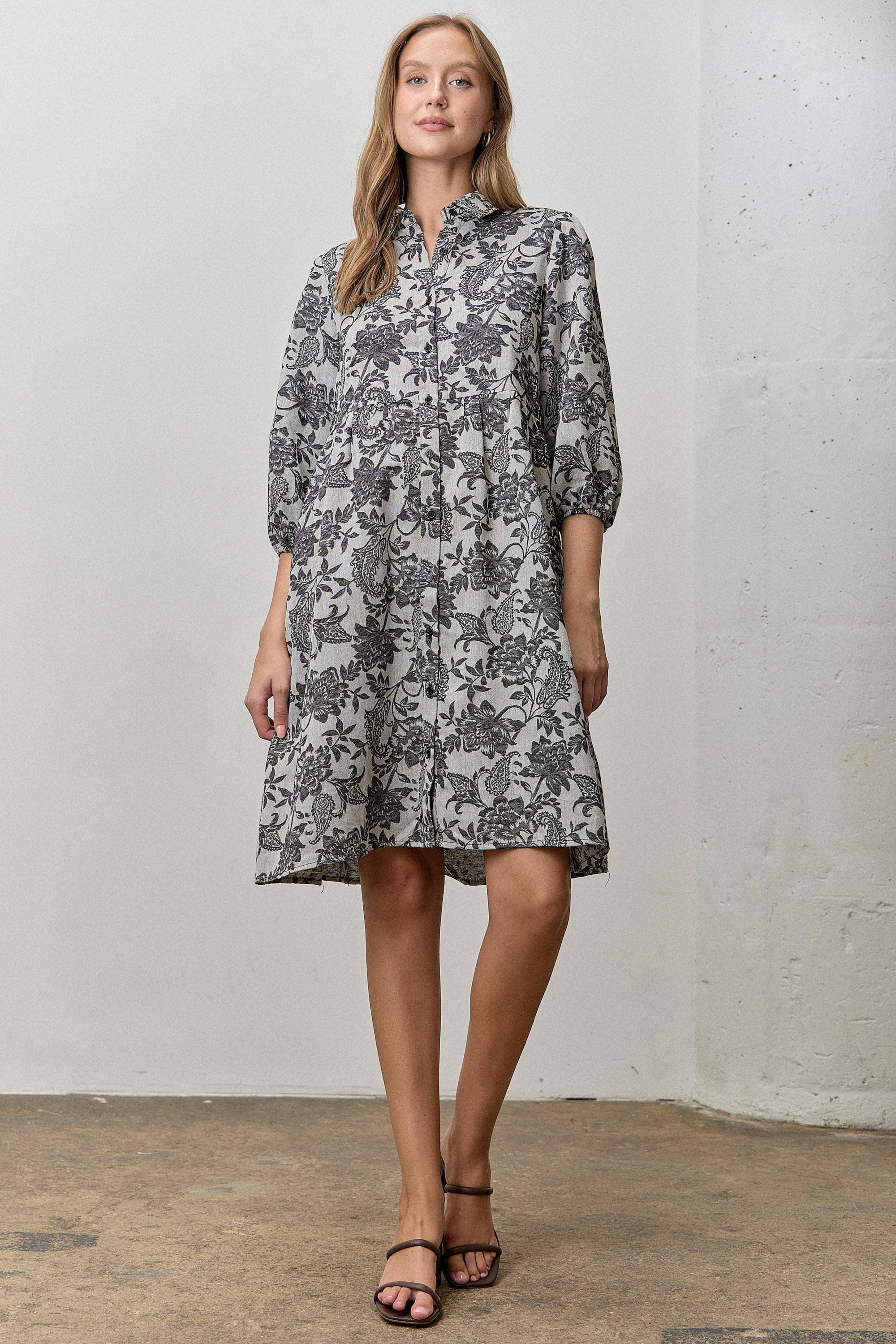 Polagram by Wellmade USA - Wholesale Dress - Women's - PRINTED TIERED BUTTON UP MIDI DRESS0