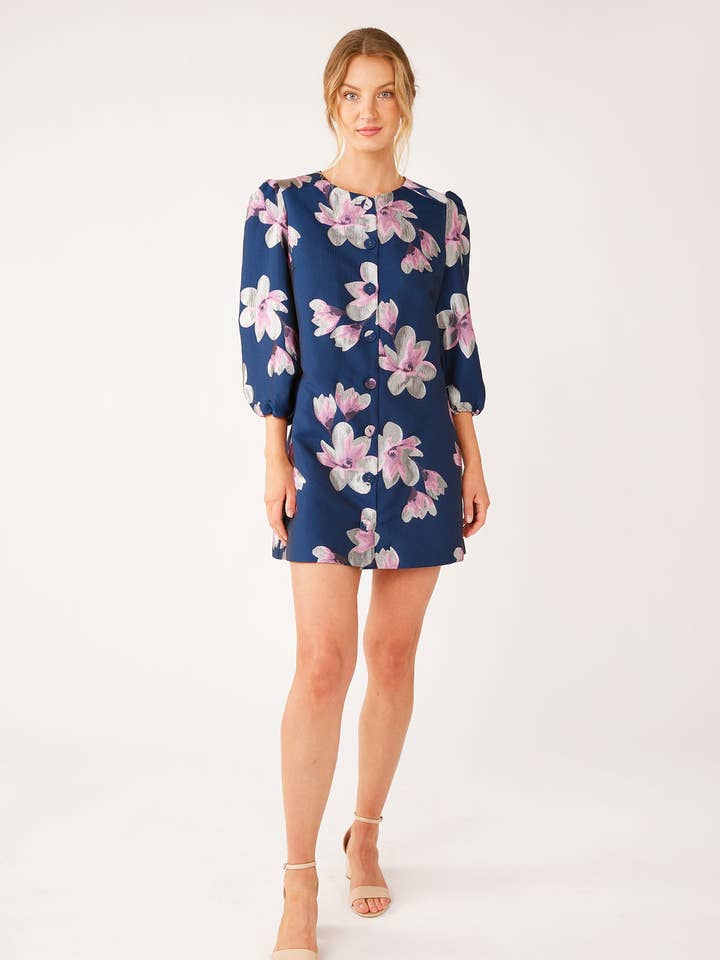Ellen Dress Blue Plumeria Jacquard for wholesale by Abbey Glass