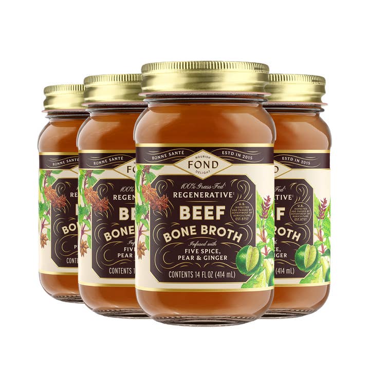Five Spice & Pear Grass-fed Beef Bone Broth 14oz for wholesale by Fond Regenerative