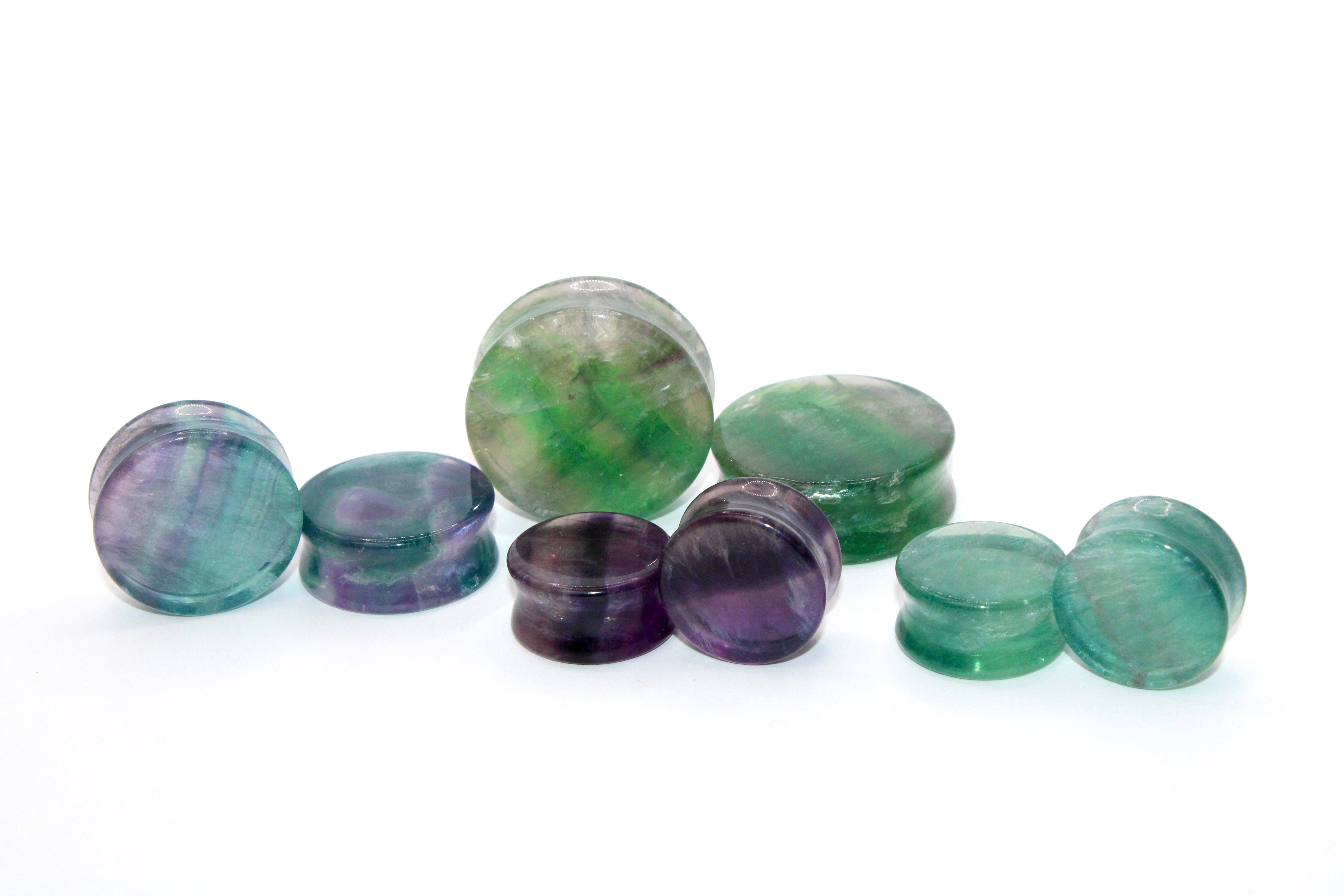 EC Plugs and Gems - Vente Écarteurs - Piercings en pierre de fluorite arc-en-ciel à double évasement – Écarteurs en cristal naturel aux violets et verts vibrants 3mm-35mm - Fluorite jaune listée comme variation5