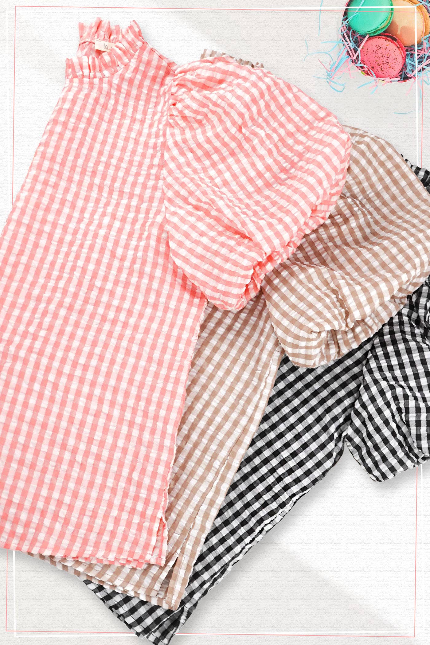 La Miel - Wholesale Blouse - Women's - HCT7697-Gingham Check Print Lovely Puff Short Sleeve Top19