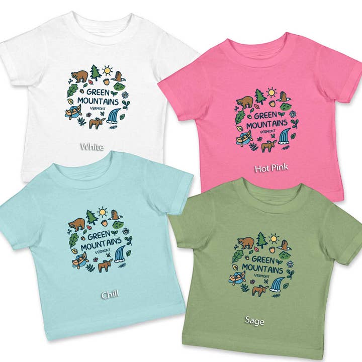 RetroPlanet - Wholesale Screen Printed T-Shirt - Kids - Vermont Woodsy Mountain Lake Doodle TShirt Toddler Name Drop1