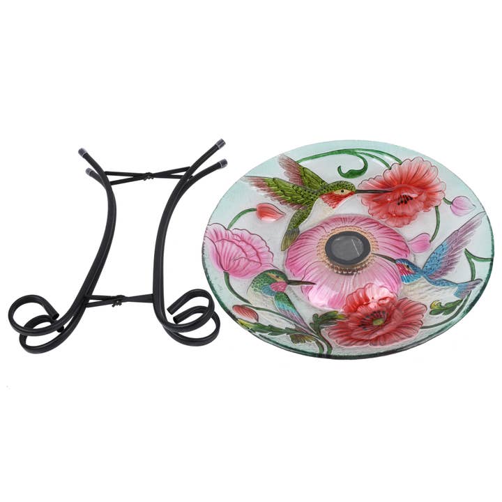 Hi-Line Gift Ltd. - Vente Bain pour oiseaux - Bain d'oiseaux en verre floral à LED solaire - Colibri et coquelicots4