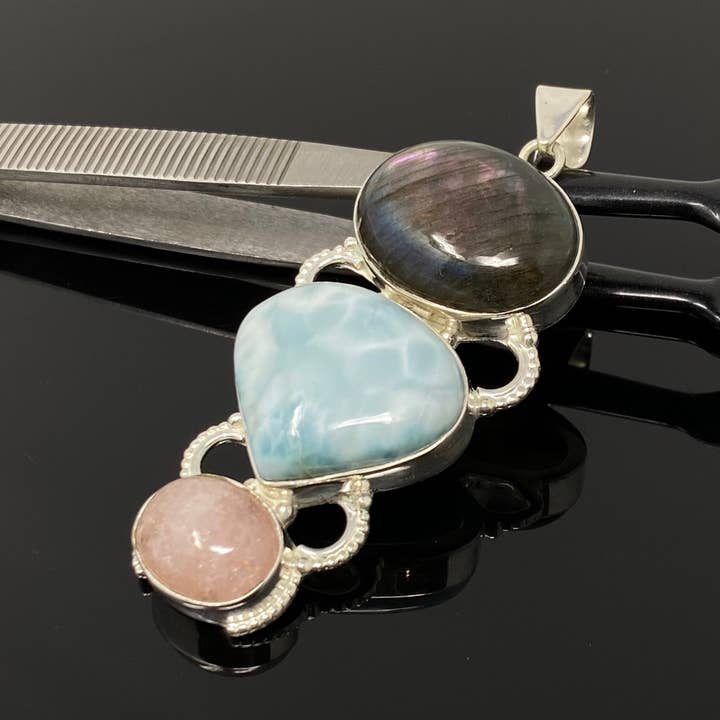 Akstar Gems - Wholesale Individual Charm/Pendant - Larimar Gemstone Pendant with Purple Flash Labradorite and Morganite , Wire Wrapped Pendant, Silver Jewelry Gifts for Her, Bohemian Jewelry6