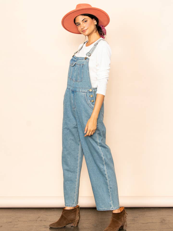 Mom Fit Vintage Wash Blue Denim Overalls for wholesale on Faire