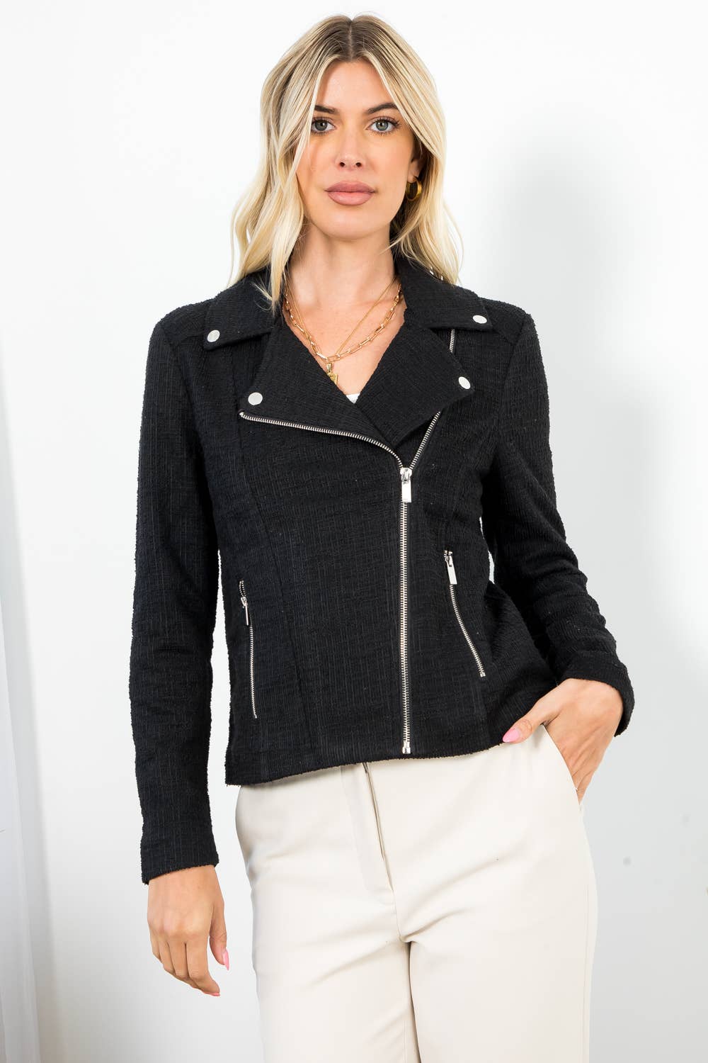 26 International - Wholesale Jacket - Women's - Solid Boucle Long Sleeve Moto Jacket18