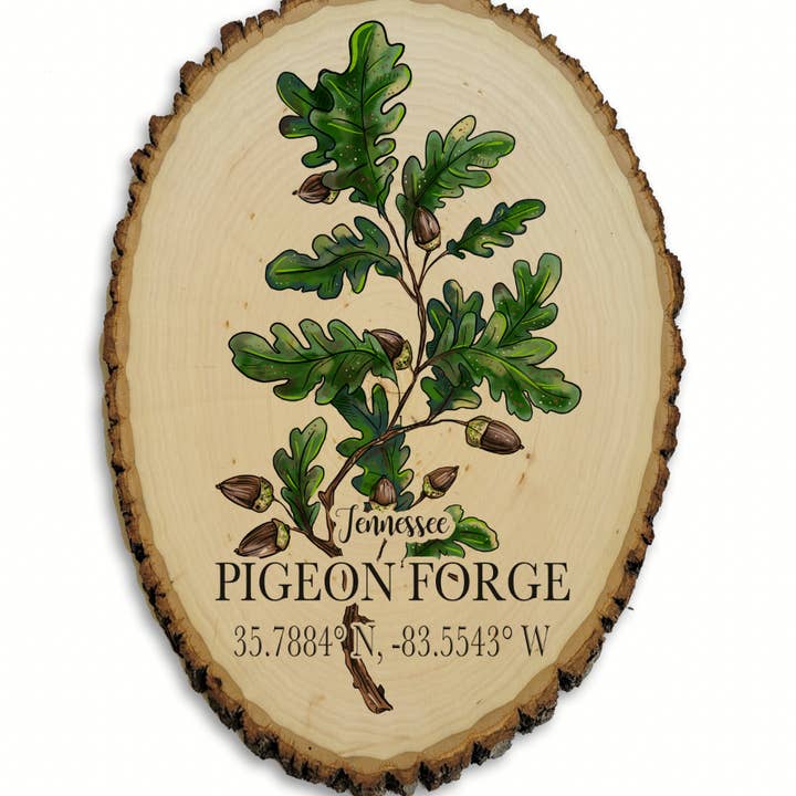 Live Edge Wood Oval Shape- Custom Location - Oak Leaf Art for wholesale by Map Mom