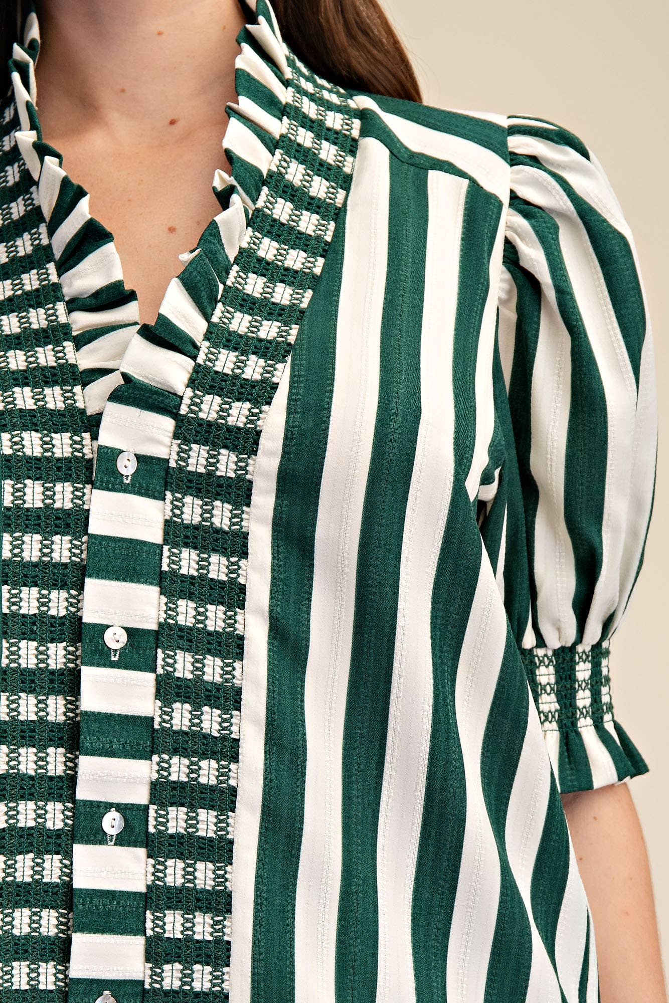 Glam - Wholesale Blouse - Women's - Ruffle V-Neck Smocked Puff Sleeve Blouse12