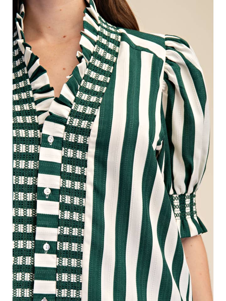 Glam - Wholesale Blouse - Women's - Ruffle V-Neck Smocked Puff Sleeve Blouse12