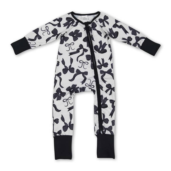 Long sleeves black bows baby girls zipper romper for wholesale by Yawoo Garments
