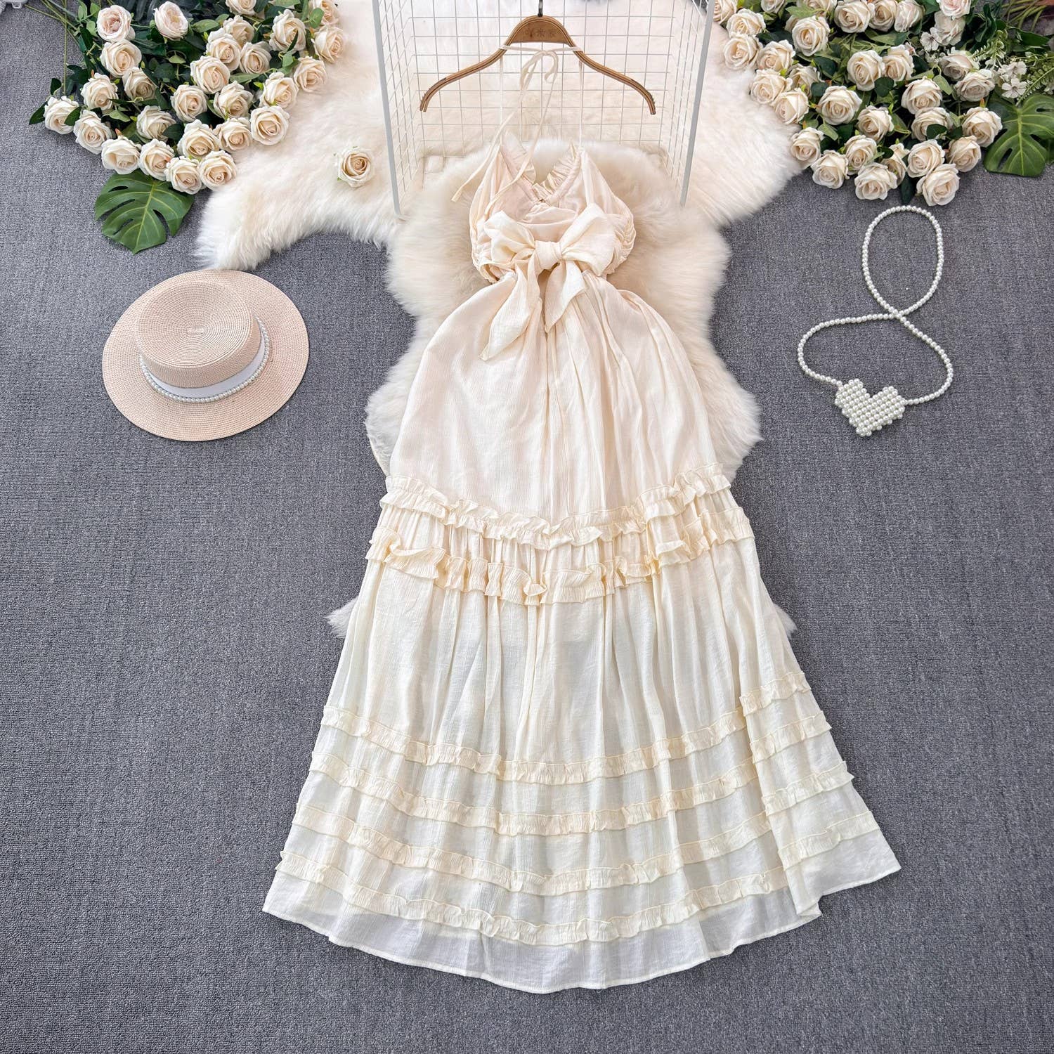 beige BOHO Beach Resort ruffle halter large swing flare maxi dress for wholesale on Faire2