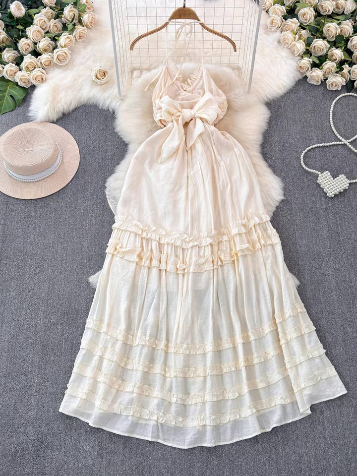 beige BOHO Beach Resort ruffle halter large swing flare maxi dress for wholesale on Faire2