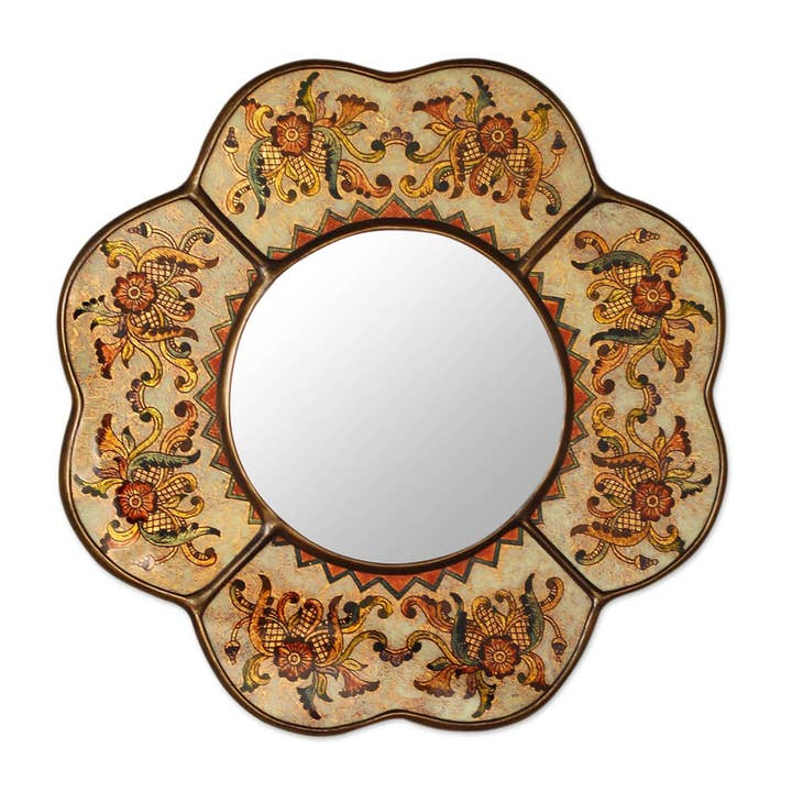 Novica Handmade Iridescent Cajamarca Blossom Glass Mirror for wholesale by NOVICA