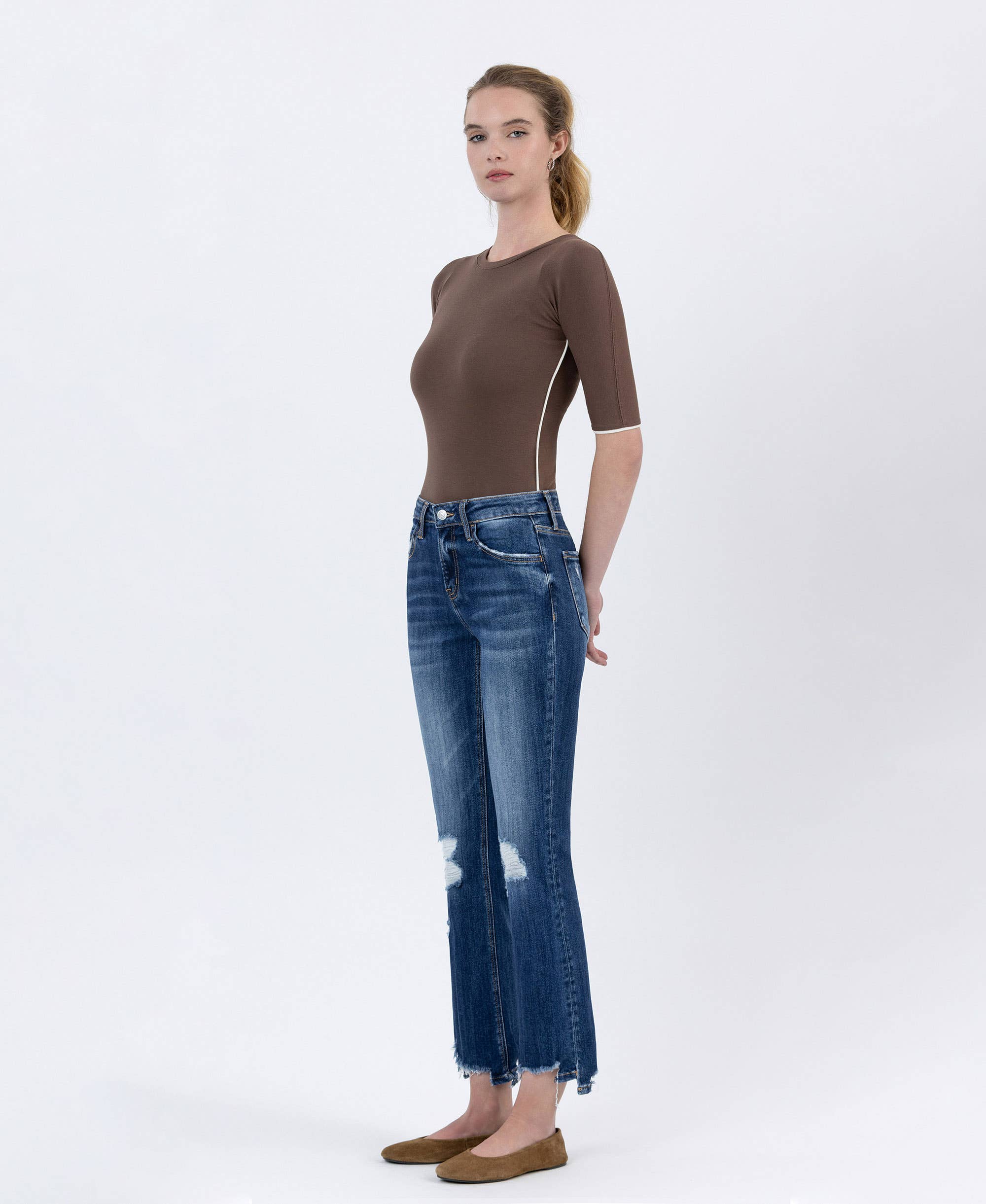 SPELLBOUND MID RISE SLANT STEP HEM CROP KICK FLARE JEANS LV1163 for wholesale on Faire6