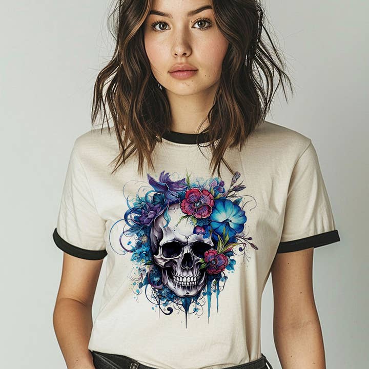 Floral Blue Skull - Flower Skull Ringer T-Shirt for wholesale by House Of Rodan