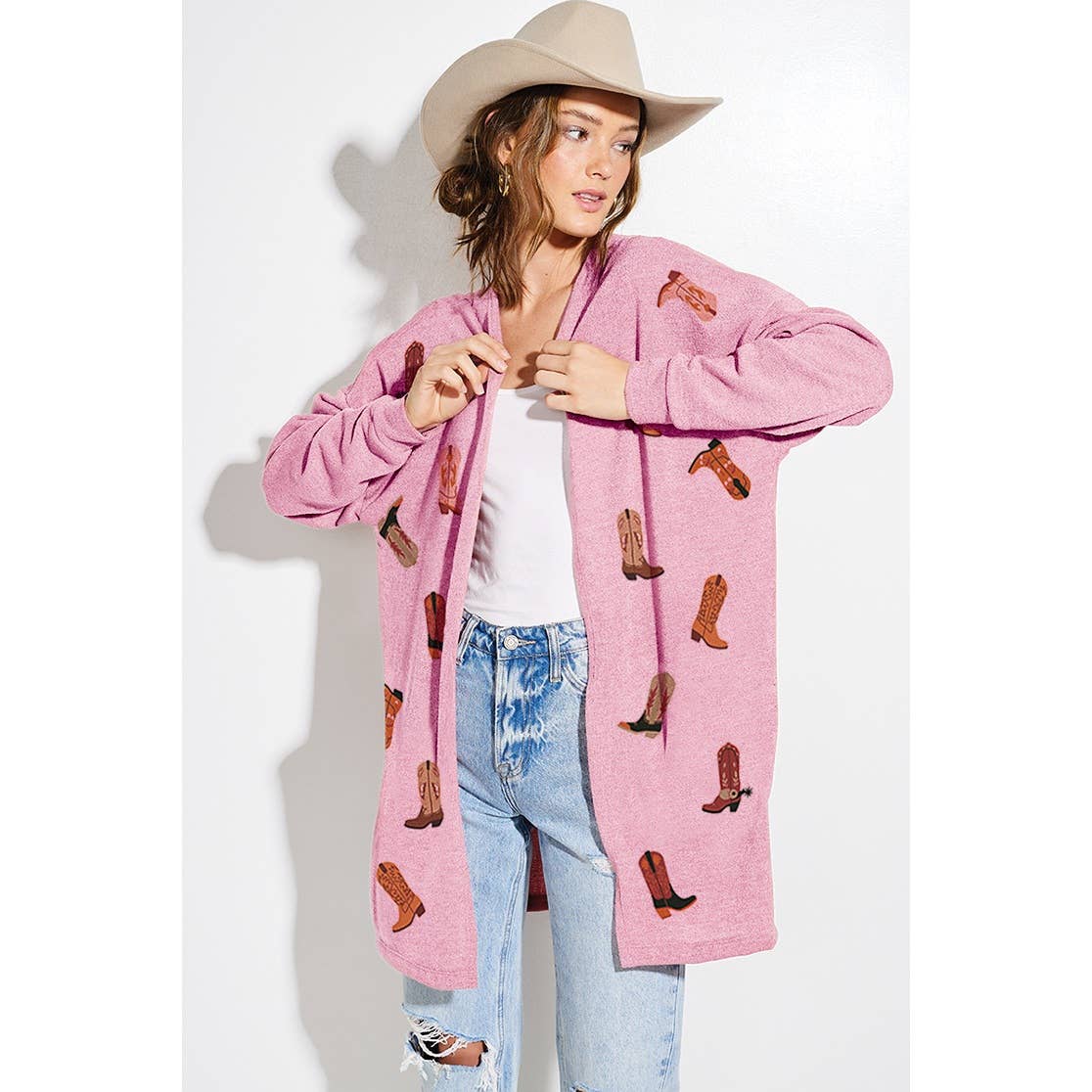 Phil Love - Vente Cardigan – femme - Cardigan de style décontracté en tricot à imprimé de bottes de cowgirl3