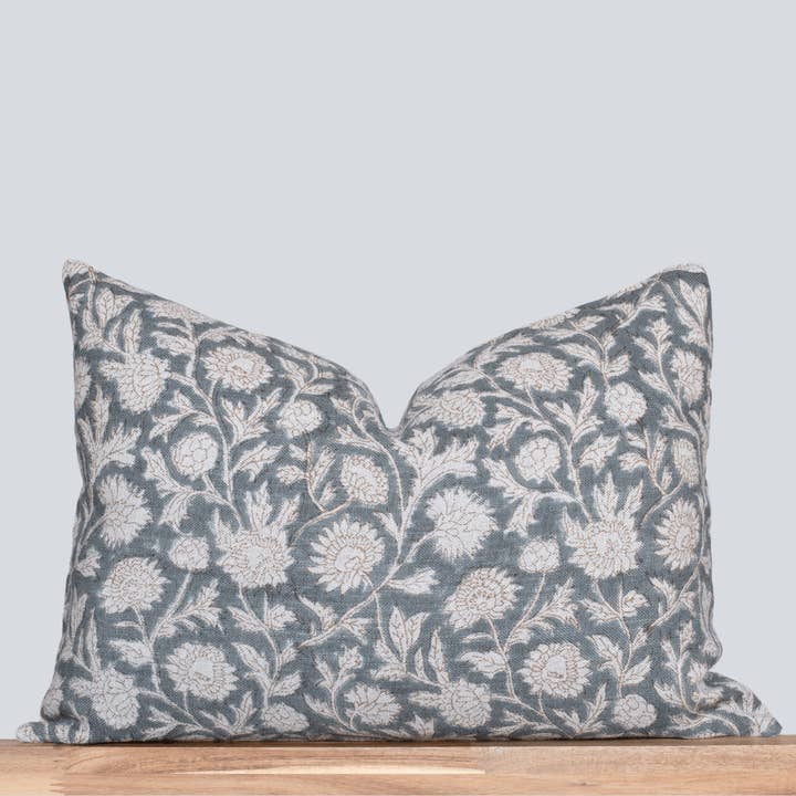 Estelle Floral Block Printed Pillow Cover | Blue, Mustard | Lumbar for wholesale by Apartment No.3