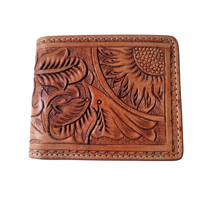 Hand-Tooled Genuine Leather Bifold RFID Wallet Sunflower for wholesale by Megical Basket