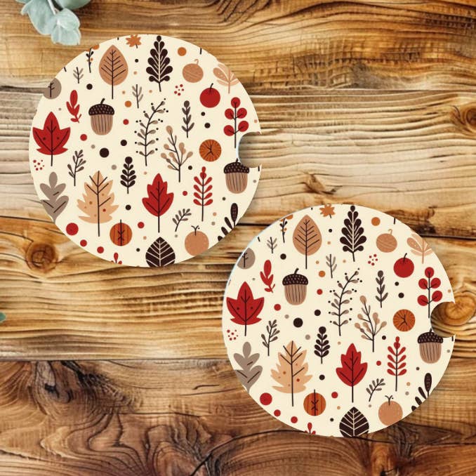 Fall Autumn Neoprene Car Coaster Set for wholesale by Prairie Chicken Sticker Shop & Gifts