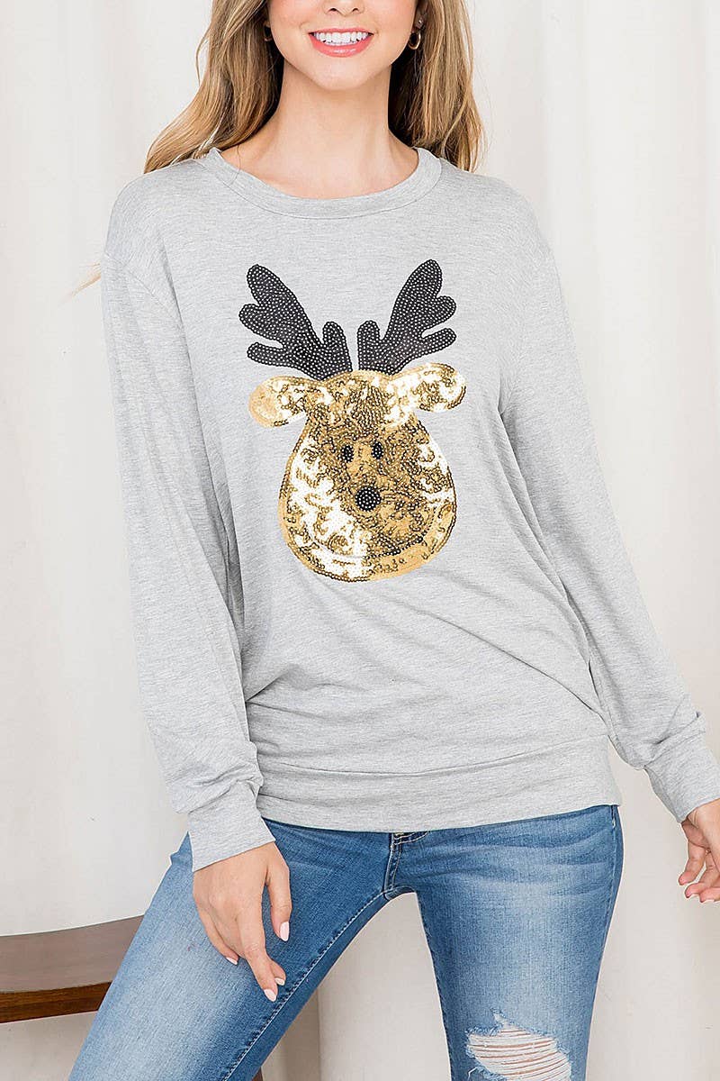 ROUSSEAU - Wholesale Tunic - Women's - SEQUIN MOOSE PRINT LONG SLEEVE TOP6