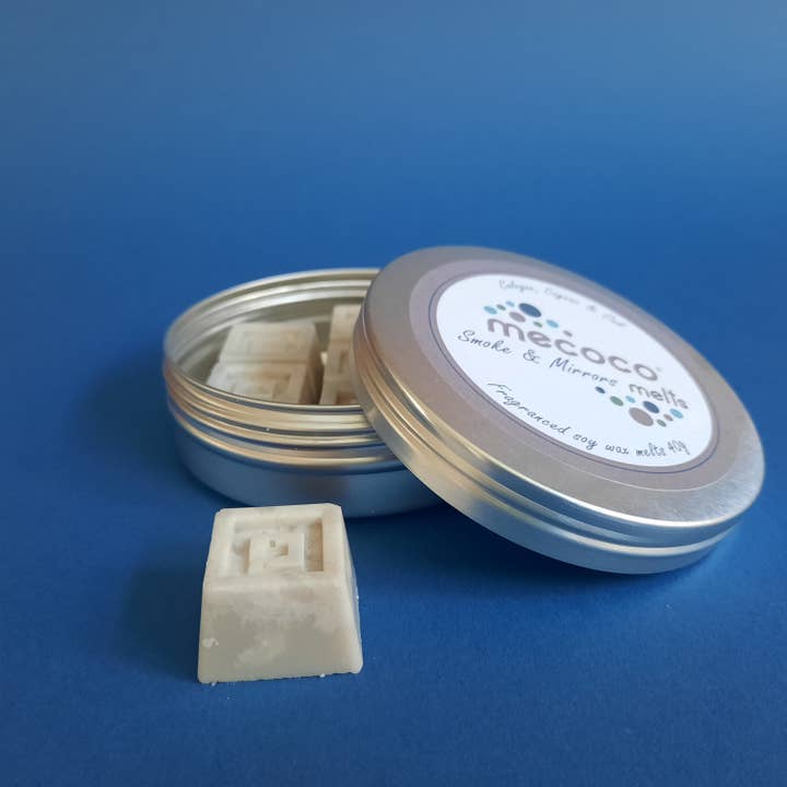 Smoke & Mirrors / Smokey, Whisky & Cologne Scented Soy Wax Melts Tins for wholesale by Mecoco Ltd