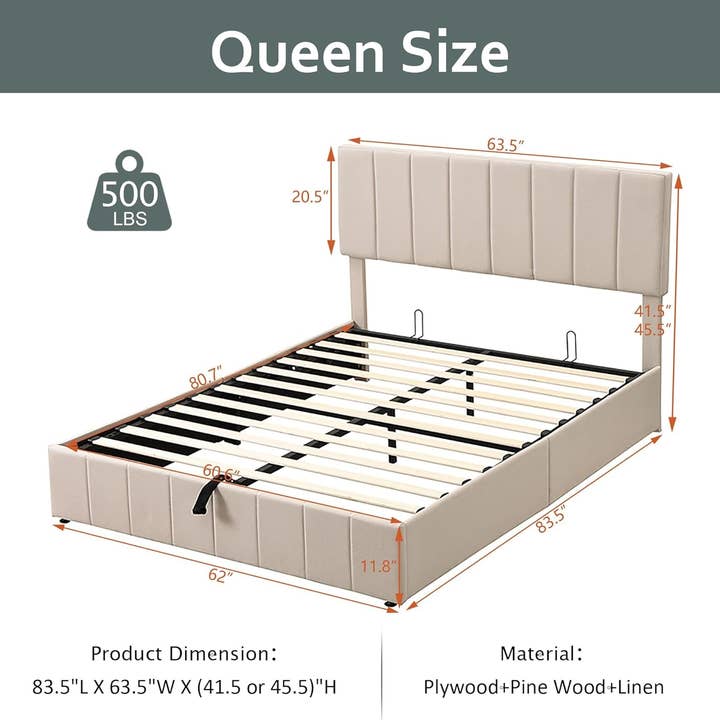 Queen Size Beige Gas Lift Platform Bed With Storage for wholesale on Faire1