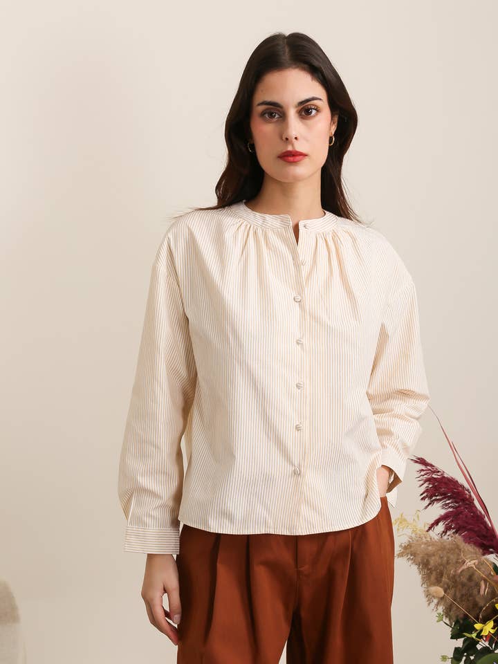 5678 COLLARLESS BLOUSE WITH FINE STRIPES for wholesale by Daphnea