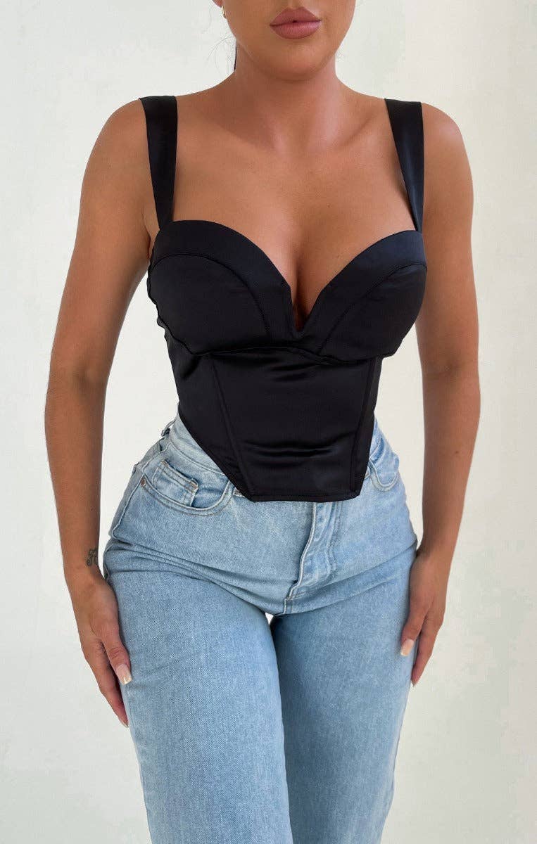 Femme Luxe - Wholesale Corset - Women's - Black Satin Cup Detail Sweetheart Corset Top - Maci1