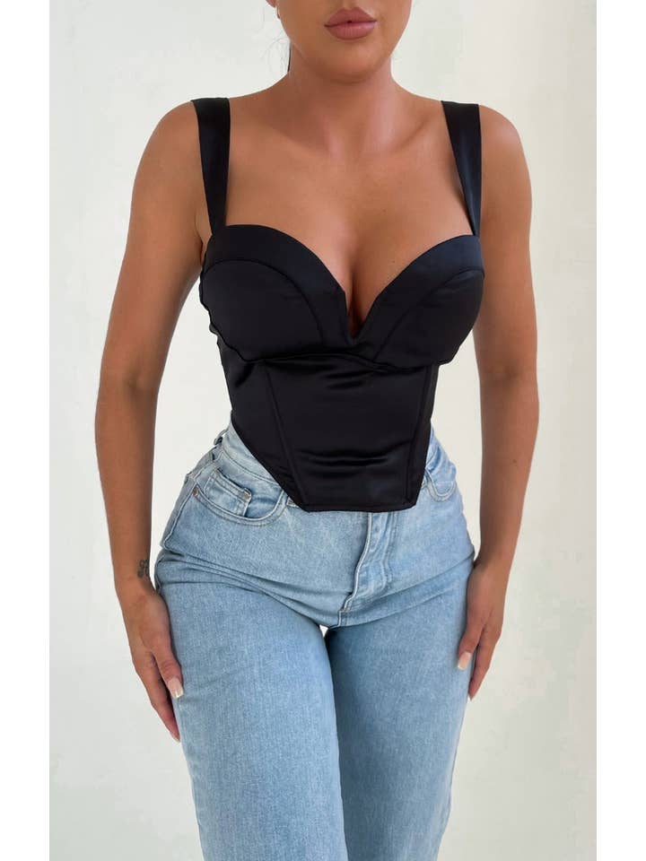 Femme Luxe - Wholesale Corset - Women's - Black Satin Cup Detail Sweetheart Corset Top - Maci1