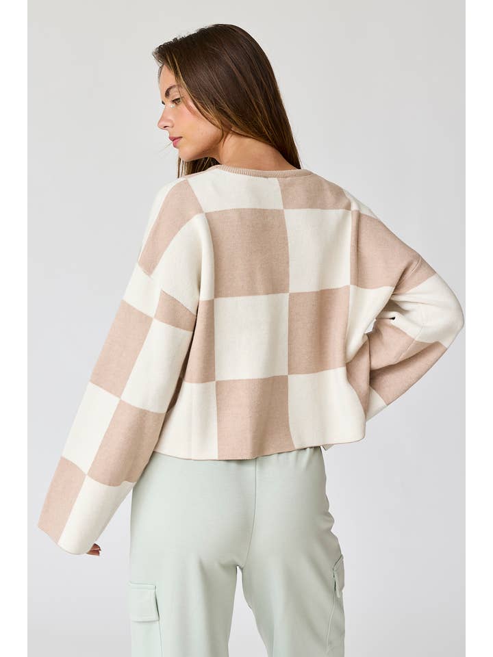 Papermoon - Vente Pull en maille – femme - PT16257 - Haut à manches longues à col rond à carreaux Sarah3