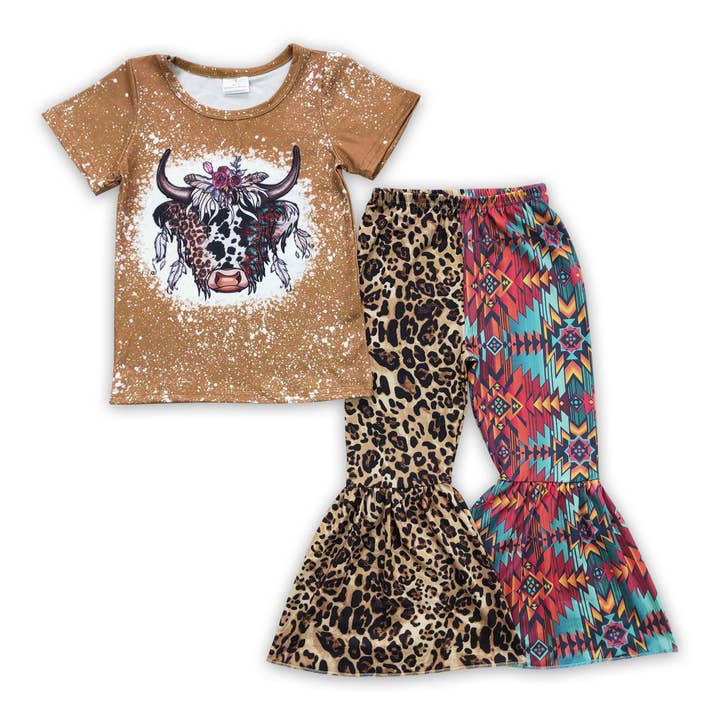 Leopard aztec cow bleached bell bottom pants girls western clothes for wholesale by Yawoo Garments