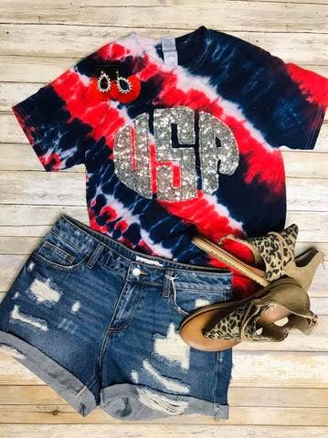 Red, White and Blue Tie Dye USA Monogram Shirt for wholesale by Sew Fancy Designs