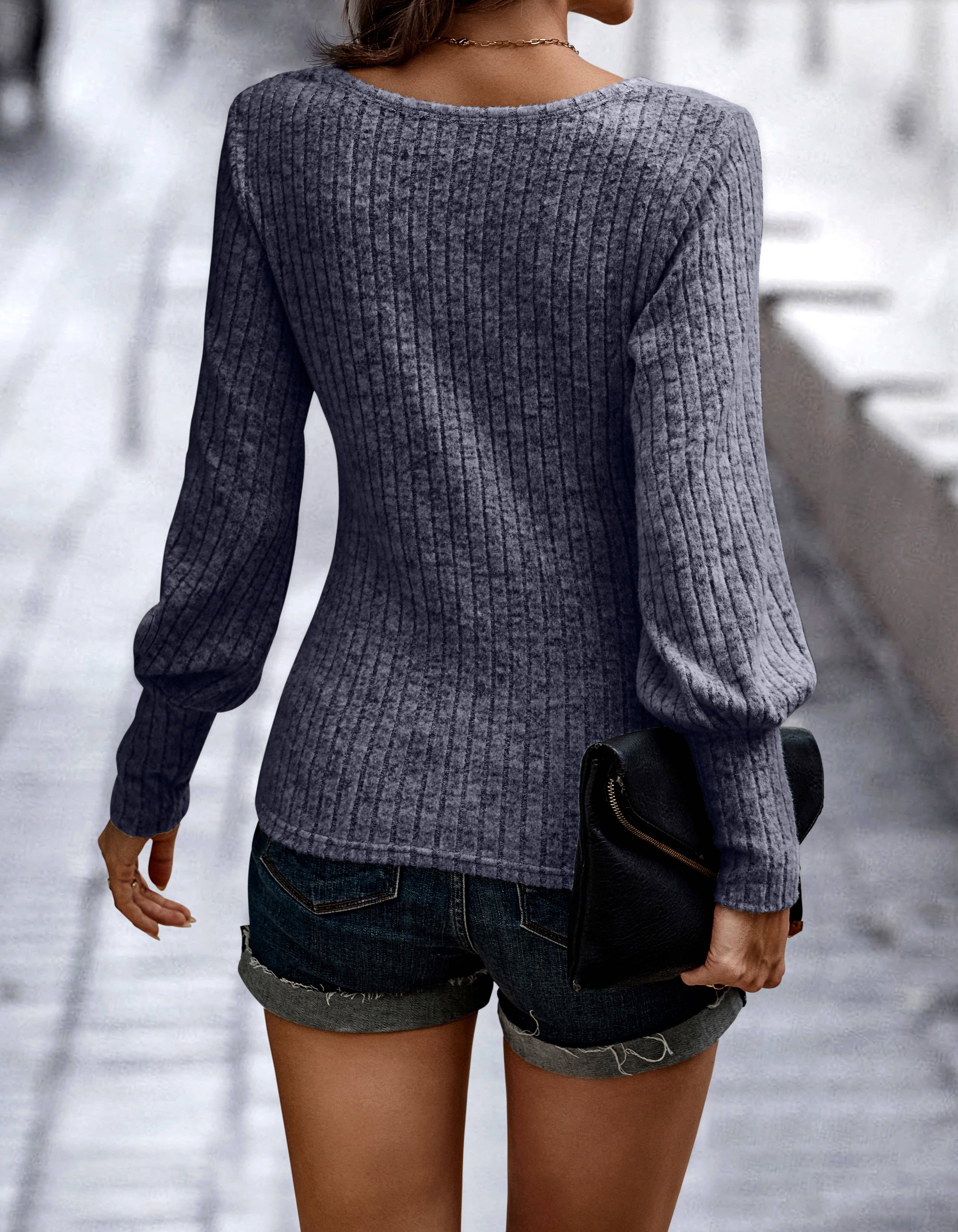 eLook - Wholesale Knit Top - Women's - SZ1-TP2109 Soft Ribbed Knit Bishop Sleeve Top16