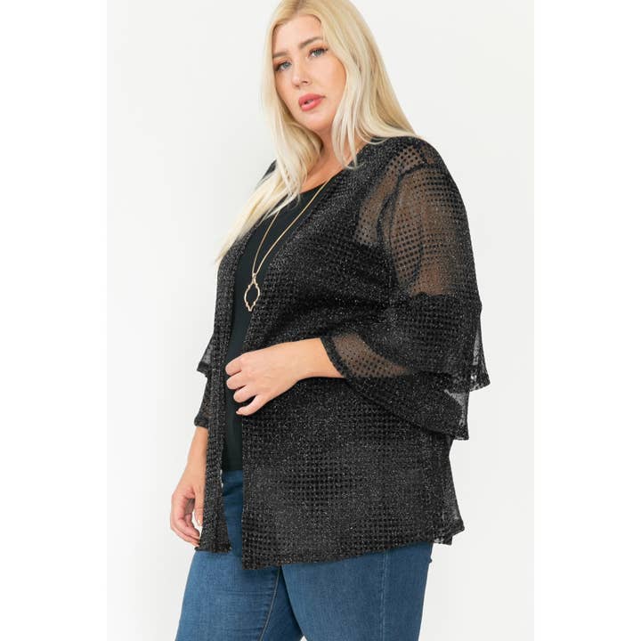 Story Teller - Wholesale Cardigan - Women's - Plus Size Shimmer Sheer Ruffle Open Front Mesh Cardigan