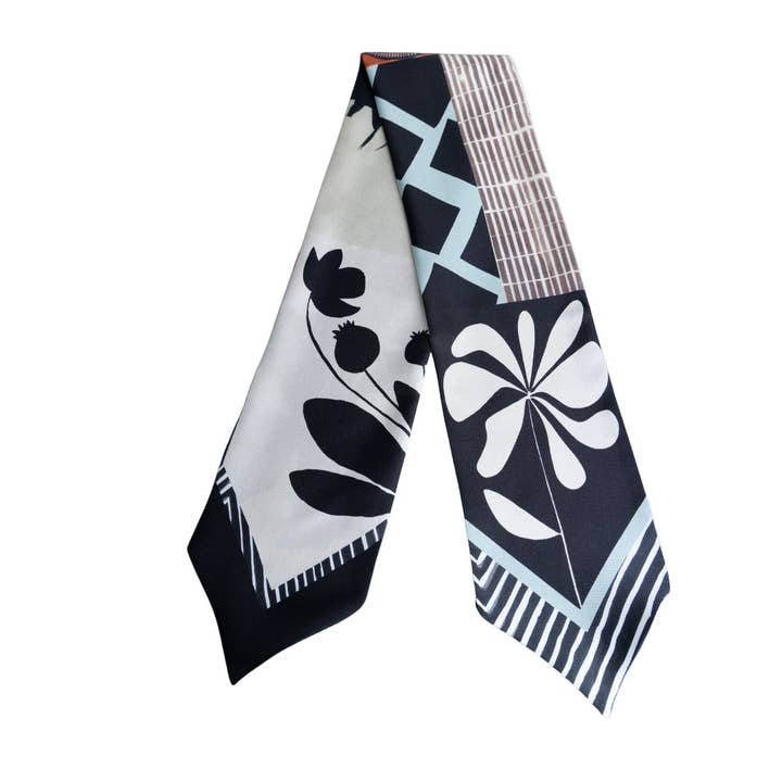 Pashmisy - Wholesale Scarf - Women's - Rust Bloom Skinny Silk Scarf In Black And Cream (11 x 85 cm)1