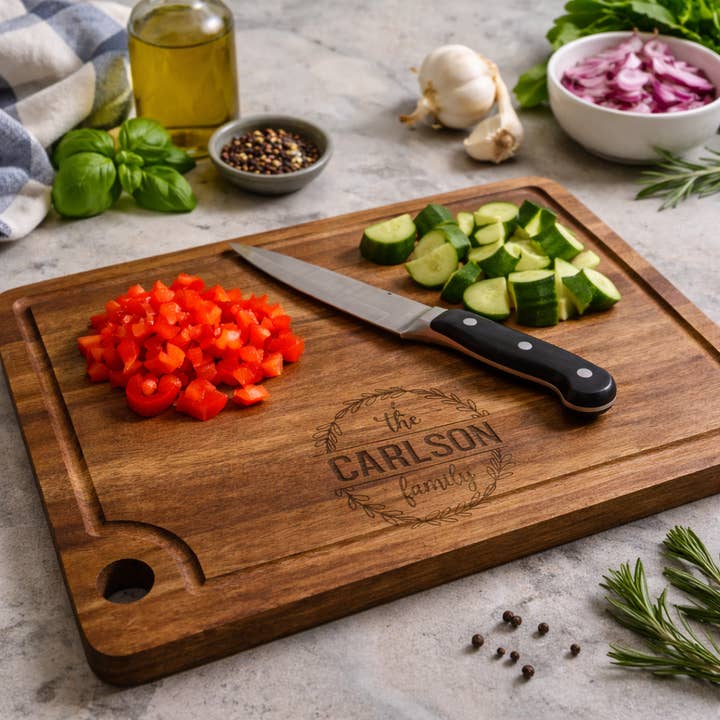 Acacia Cutting Board with Drip Ring & Hanging Hole for wholesale by Cabin and Reel Engraving