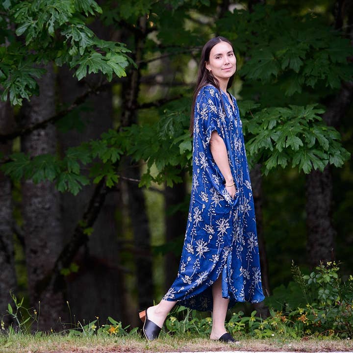 Ichcha - Wholesale Kaftan - Women's - Indigo Silky Blockprint luxurious soft kaftan Dress -Opuntia1