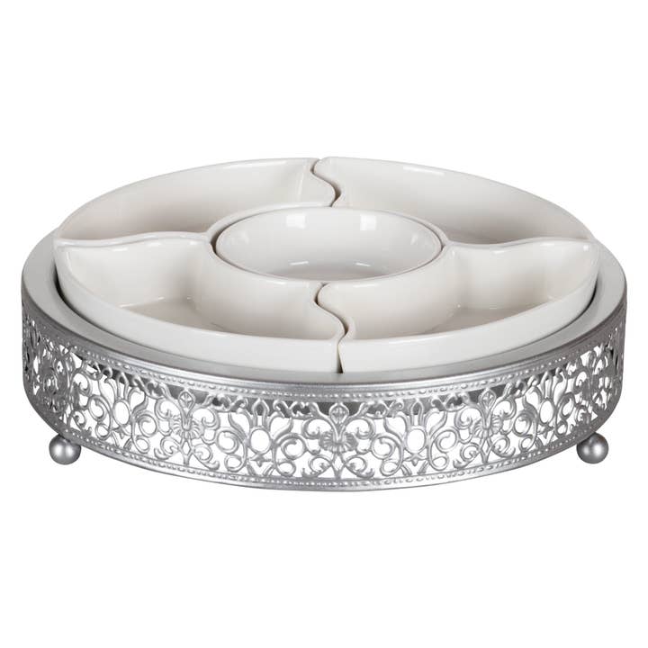 Amalfi Decor - Wholesale Serving Tray - Round Serving Tray with 5 Ceramic Dishes - Silver