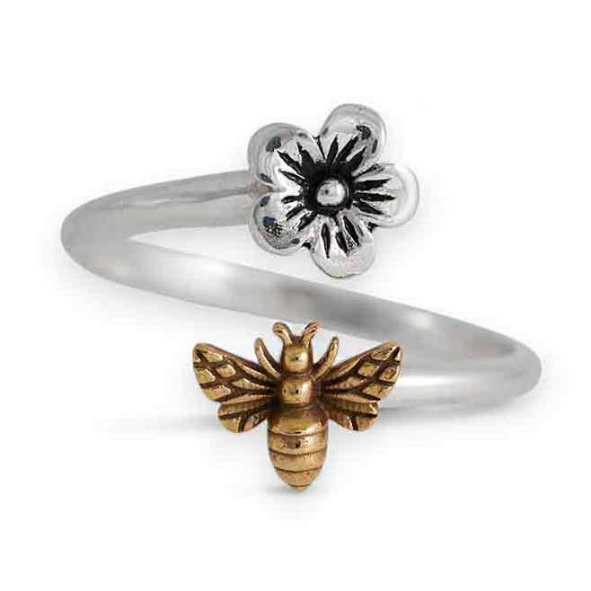 Sterling Silver Adjustable Ring - Flower and Bee Ring for wholesale by Nina Designs