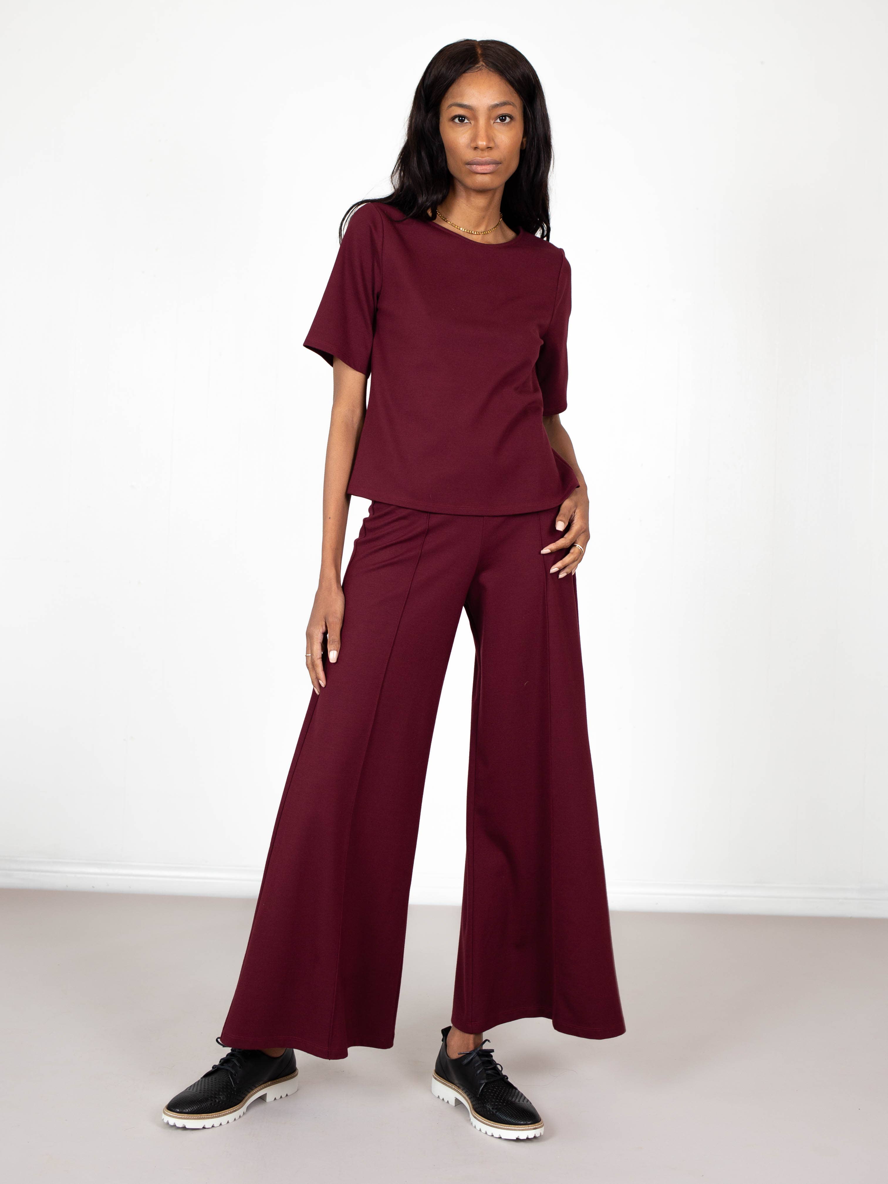 Ripley Rader - Wholesale Knit Top - Women's - Burgundy Ponte Knit Short Sleeve Extended Tee2