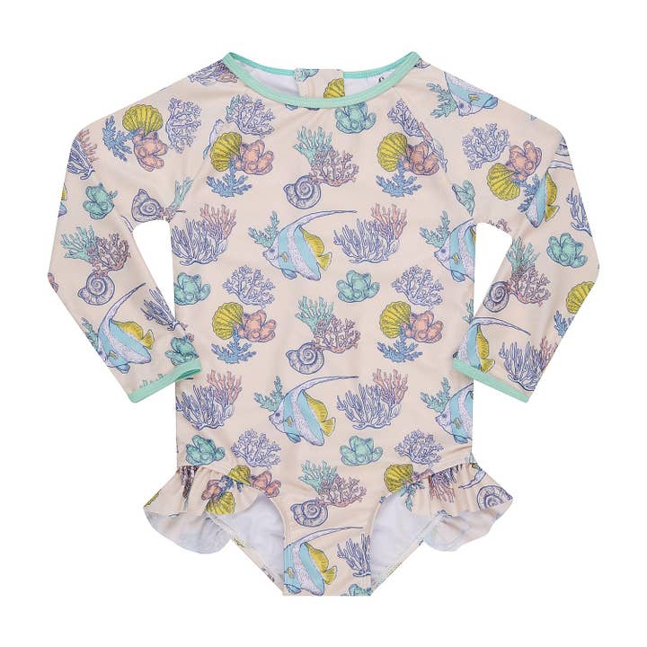 Girls Swimwear| Girls' Long Sleeve Swimsuit in Coral Garden for wholesale by Little Fishy Swim