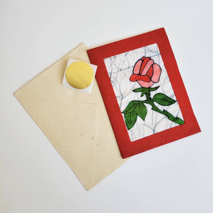 Rose Blossom Batik Note Card for wholesale by Eclectic Woodchuck