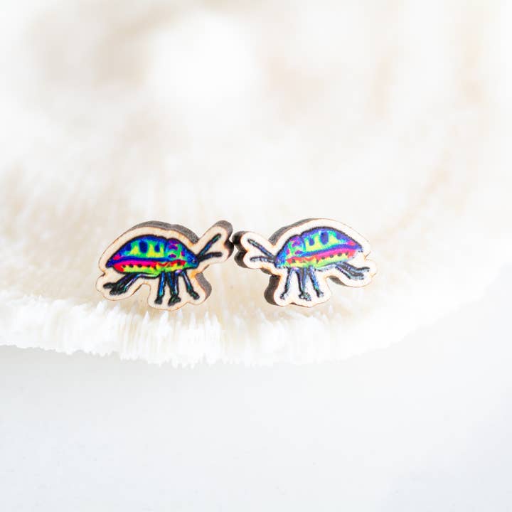 The Slug And Kraken - Wholesale Stud/Post Earrings - Jewel bug Wooden insect Earrings, Titanium Eco Studs