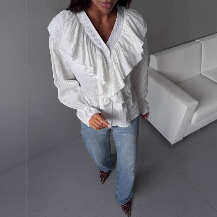 White V-Neck Ruffle Detail French Retro Style Long Sleeve Blouse for wholesale on Faire6