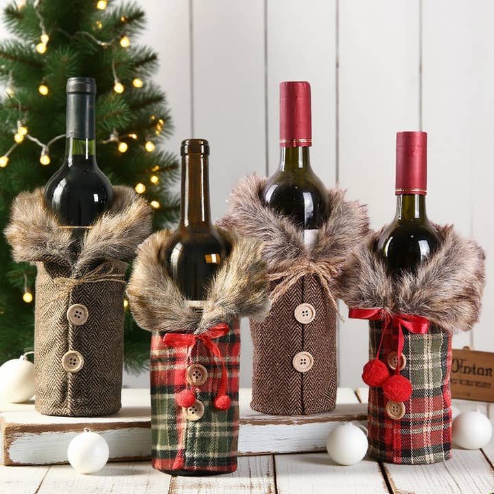MKS America - Wholesale Christmas Decoration - Christmas Decorative Fur-Collar Plaid Wine Bottle Cover2