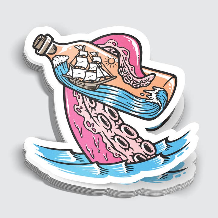 Adesivo Kraken con una nave in bottiglia - 7,6 cm per la vendita all'ingrosso da parte di Mimic Gaming Co