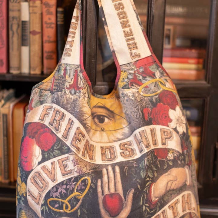 Market of Stars - Wholesale Tote Bag - Women's - Friendship Love & Truth Linen Tote Bag w Vintage Heart Print