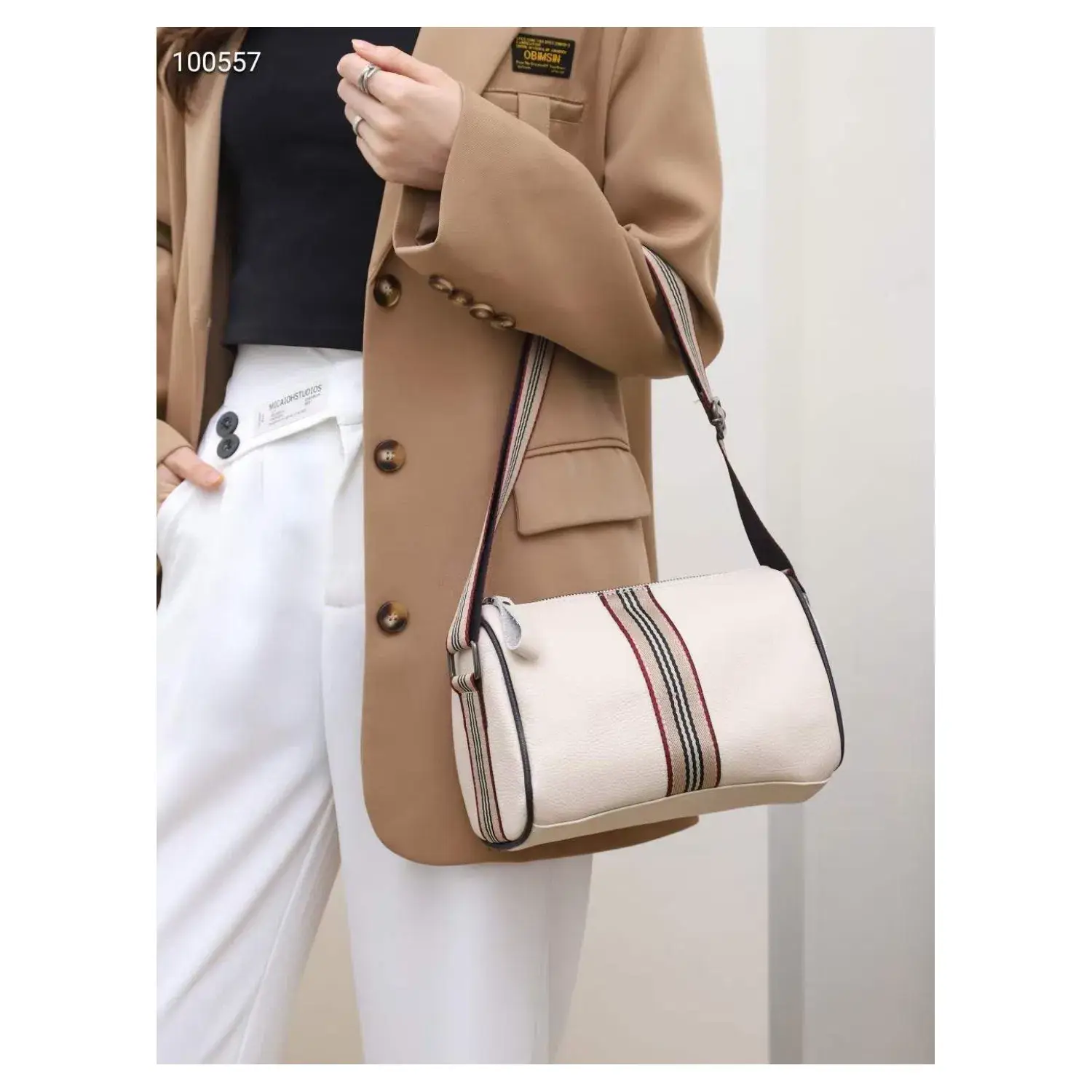 Superbia - Vente Sac porté épaule – femme - Sac tonneau en cuir véritable avec sangle en toile à rayures-Ytb-8186